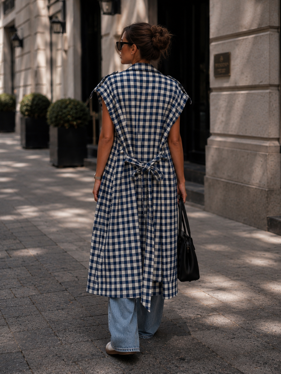 Urban Ease Sleeveless Trench Vest – Checked Blue White - Image 3