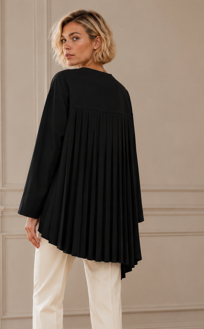 PLISSÉ BACK T-SHIRT – Black - Long sleeve - Image 3
