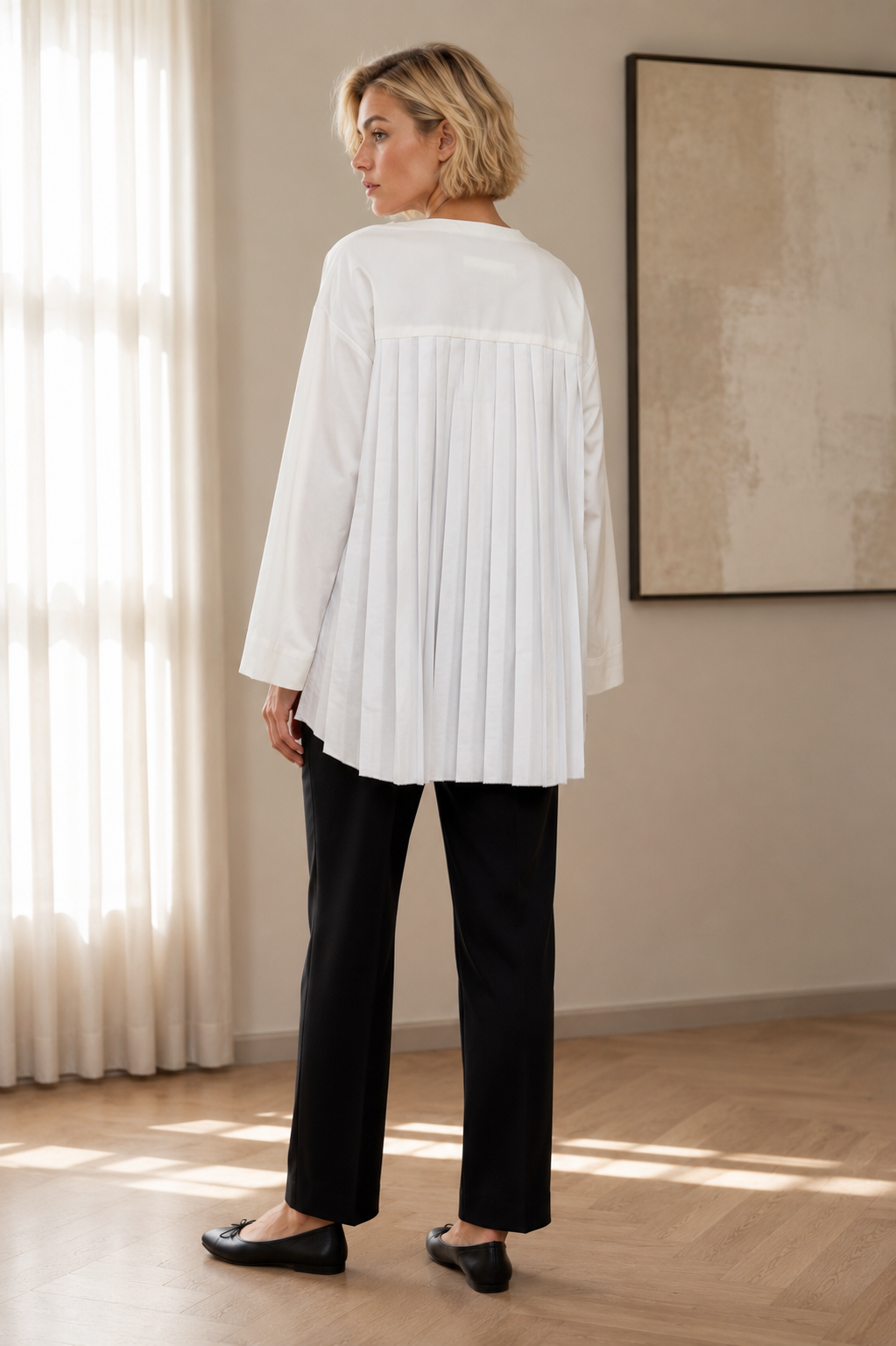 PLISSÉ BACK T-SHIRT – White - Long sleeve - Image 2