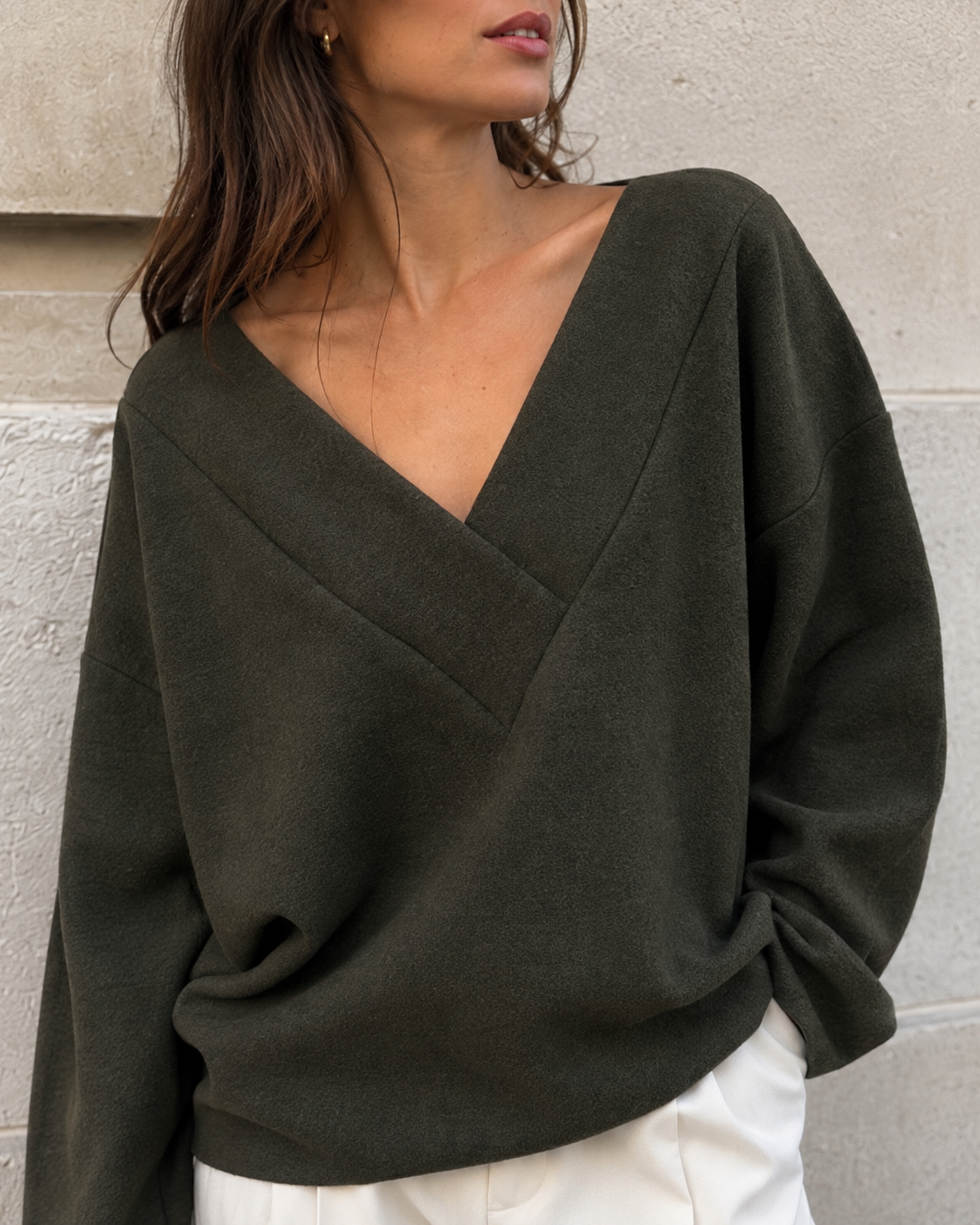 Olive Merino V-Neck Sweater - Image 2