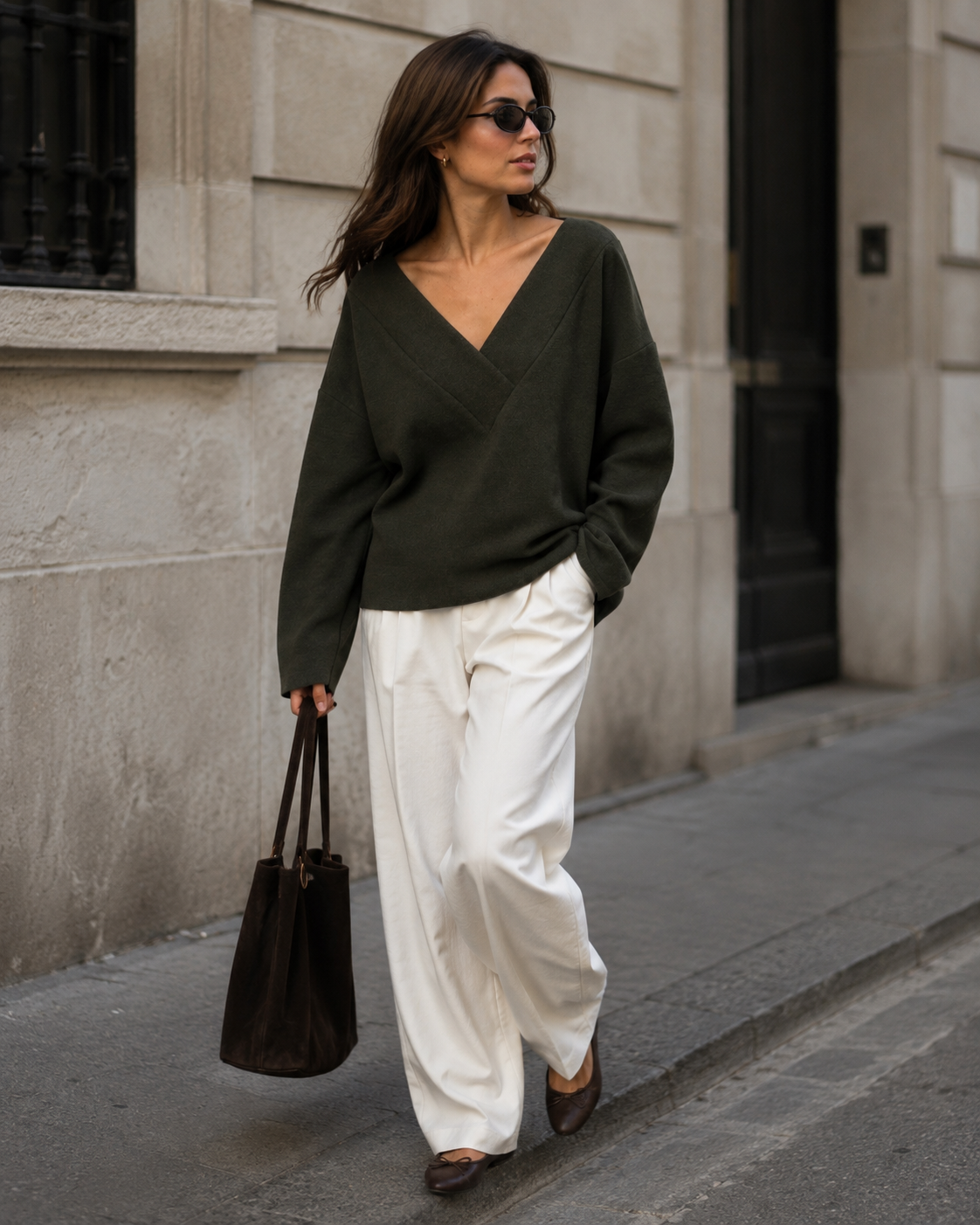 Olive Merino V-Neck Sweater